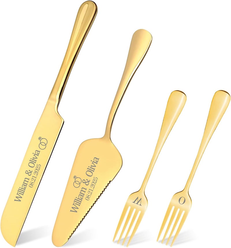 HJX Personalized 4 Piece Cake Cutting Set for Wedding - Custom Cake Knife and Server Set with Forks, Cake Cutter Set Ideal for Wedding Anniversary Bridal Gifts (Gold) - Image 1